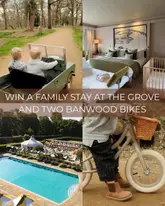 A four-panel collage promoting a giveaway for a family stay at The Grove hotel, featuring images of children playing in a toy car, a hotel bedroom, a swimming pool, and a child on a bicycle.