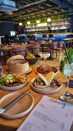 Bristols, newest dim sum & cocktail lounge @eightfolddimsum 
Serving up the tastiest dim sum dishes and unique cocktails. Special shout out to the lychee Martini. 
Our waiter Aj was extremely polite and knowledgeable and recommended some amazing dishes for us to try.
We enjoyed: 
succulent chicken satay skewers. 
Roast duck boa.
Black pepper sirloin beef.
Steamed Cha sui bao.
Dan Dan noodles.
Duck spring rolls.
Each dish was cooked perfectly, served as soon as it was ready, fresh and delicious. 
Menu prices are fair for the quality of the dishes.

100% will return in the future, the food is already calling me back.
 📍 Cheap street, Bristol 

Honest feedback.
Invite.
#dimsum #bristolrestaurant #foodies #restaurantvisit