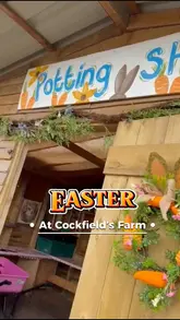 A montage of children enjoying various Easter-themed activities at Cockfield's Farm, including interacting with animals, planting seeds, go-karting, and watching a show.
