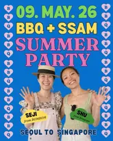 A promotional flyer for a collaborative BBQ event featuring two chefs, Seji and Shu, highlighting a fusion of Korean and Singaporean flavours.