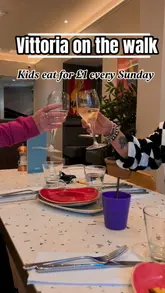A family-focused reel showcasing a visit to Vittoria on the Walk, highlighting the 'kids eat for £1' Sunday offer. The video features shots of the restaurant interior, the menu, and the family enjoying their meal, including pizza, pasta, and dessert.