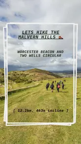 A travel guide video showcasing a hiking route in the Malvern Hills, including the Worcester Beacon and Two Wells Circular, with text overlays providing directions and details.