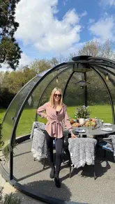 A promotional reel for a bottomless brunch experience at a hotel, featuring private outdoor dining pods, grazing boards, pizzas, and prosecco.