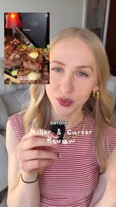 A creator visits a Miller & Carter steakhouse to review the food and atmosphere. The video features the creator talking to the camera, interspersed with B-roll of the venue interior, a cocktail, and various dishes including a prawn cocktail and steaks.