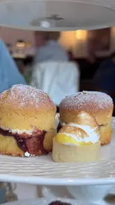 A montage of an afternoon tea service at The Gillmont in Sheffield, featuring close-ups of scones, sandwiches, cakes, a sausage roll, and tea service.