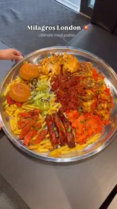 The video features a close-up presentation of an 'Ultimate Meat Platter' at Milagros London, showcasing various components like burgers, ribs, chicken, and chips. It also highlights two dessert options and provides a brief exterior shot of the venue. The editing is straightforward, focusing on the food items with text overlays identifying the venue and dish.