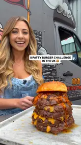 Here are a few options for your SEO alt text, depending on what is visible in the image:

**Option 1 (Focus on the challenge):**
Kate Ovens attempting a massive 50oz burger challenge at Meatcastles for London Craft Beer Festival promotion.

**Option 2 (Descriptive):**
A giant 50oz burger served on a wooden board being eaten for a food challenge at Meatcastles.

**Option 3 (Action-oriented):**
Close up of a 50oz burger challenge being eaten to promote London Craft Beer Festival tickets.

**SEO Tip:** The best alt text describes the visual content accurately while including one or two relevant keywords (like "50oz burger challenge"). Avoid just copying your caption.