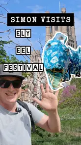 A vlog-style video documenting the Ely Eel Festival, featuring the parade, live music, and various street food vendors. The creator samples a beef kebab, a smoked eel bagel, and a brownie, providing a positive review of the event and the food.