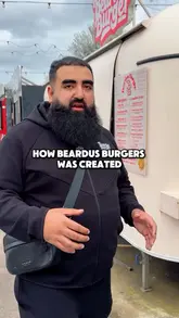Beardus Burger's food truck, lit up at night, with a queue of customers, showcasing its story and popular location.