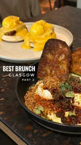 A short, aesthetic montage showcasing brunch dishes and the interior of Cottonrake Cafe in Glasgow, featuring close-ups of eggs benedict, Turkish eggs, and coffee.