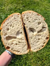 A close-up, high-quality shot of a sliced sourdough loaf held in a hand against a grassy background, highlighting the airy crumb structure and golden crust.