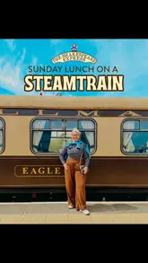 A vlog-style video documenting a Sunday lunch experience on the Shakespeare Express steam train. The video features shots of the train, the dining car interior, the three-course meal, and the creator enjoying the journey with family.