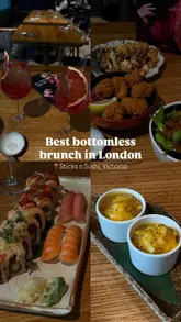 A review of the bottomless brunch at Sticks'n'Sushi, showcasing a variety of sushi, starters, and cocktails.