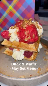 A montage-style reel showcasing a dinner visit to Duck & Waffle, highlighting the May set menu, various dishes, and the family-friendly amenities available at the venue.