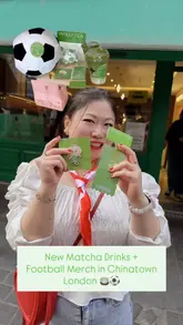 A promotional reel featuring two creators reviewing new matcha drinks at Molly Tea in London, highlighting the creamy texture and a limited-time football-themed merchandise campaign.