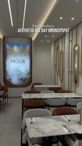 A visually appealing, well-edited showcase of a brunch spot called Nour in Walthamstow, featuring various dishes like French toast, schnitzel, and brunch plates, alongside creative drinks.