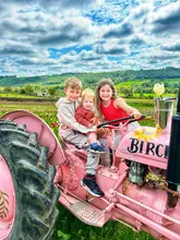 A bright, high-quality photograph of three children sitting on a pink tractor at a farm attraction, capturing a wholesome family day out.