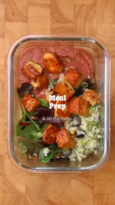 A recipe tutorial demonstrating how to prepare a halloumi, beetroot hummus, and tabbouleh meal prep bowl.