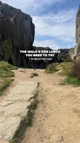 A short montage showcasing a scenic walk at Ilkley Moor followed by a visit to the Cow & Calf pub, highlighting the beer garden and various pub dishes.