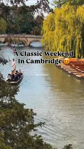 A montage video capturing a weekend in Cambridge, featuring outdoor activities like punting and paddleboarding, alongside visits to local restaurants for sushi, pizza, and Italian desserts.
