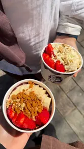A promotional video for the opening of The Açai Parlour in Stirling, featuring shots of the kiosk, menu, preparation of açai bowls and matcha drinks, and the final products.