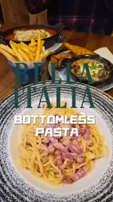 A promotional video for a bottomless pasta offer at Bella Italia, featuring the creator showcasing various pasta dishes including carbonara, lasagne, and spaghetti bolognese.