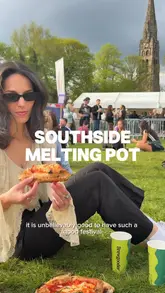 A vlog-style reel documenting a two-day music and food festival in Glasgow's Southside. The creators showcase the festival grounds, the live music performances, and various street food options including pizza, tacos, gyoza, and burgers.