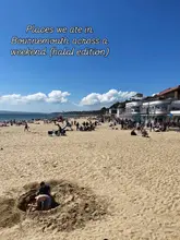 A wide-angle, sunny shot of a crowded Bournemouth beach used as a cover image for a social media post about a halal food review weekend. The image features no food, drink, or venue interior/exterior, relying entirely on the text overlay to convey the content.