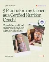 A graphic-heavy social media post featuring a collage of product packaging (beans and protein cookies) with text overlays promoting a nutritionist's kitchen staples.