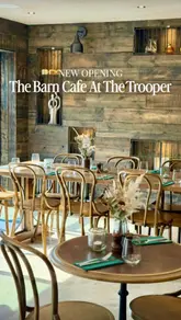 A montage showcasing the opening of The Barn Cafe at The Trooper, highlighting the brunch/lunch menu, coffee, pastries, and the scenic outdoor garden seating area.