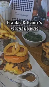A promotional video showcasing a £5 pizza and burger deal at Frankie & Benny's, featuring close-ups of various menu items like the steakhouse burger, calzone, and sides, alongside shots of the restaurant interior.