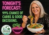 A promotional graphic featuring a smiling woman holding a bowl of noodles, with bold neon-style text overlay advertising the venue's food offerings.