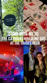 A montage video capturing a live music performance by the band 'The Caymans' at The Trades Club in Hebden Bridge, featuring shots of the venue exterior, the band on stage, and the audience.