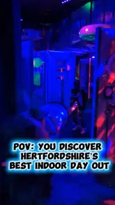 A fast-paced, energetic reel showcasing a family day out at an indoor activity centre. The video features a montage of various attractions including laser tag, bumper cars, roller skating, climbing walls, and trampolines, concluding with a brief look at the milkshakes and ice cream available on-site.
