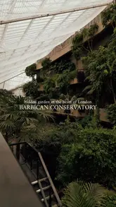 A montage of the Barbican Conservatory in London, showcasing the lush tropical plants, brutalist architecture, and water features within the glass-roofed space.
