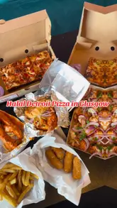 A promotional reel for Detroit Crusts in Giffnock, Glasgow, featuring a variety of their menu items including Detroit-style pizza, peri chicken, burgers, and loaded fries. The video highlights the food presentation and the venue's interior.