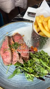 A montage of food dishes and drinks at Thirty Knots in South Queensferry, featuring a steak dish, a pie, and desserts, with shots of the view of the bridge.
