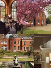 A four-panel collage showcasing the Royal Berkshire hotel, highlighting its 18th-century Queen Anne architecture, manicured gardens, and elegant interior spaces. The images emphasize the venue's symmetry, natural light, and suitability as a luxury wedding or event destination.
