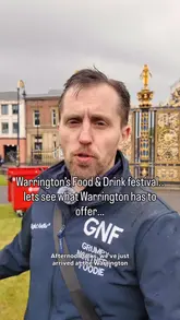 A vlog-style review of the Warrington Food & Drink Festival, featuring the creator walking through the event, sampling various street food items like a sausage roll, halloumi fries, and a loaded hot dog, while commenting on the atmosphere and the impact of the rainy weather.