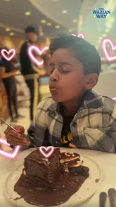 A short, visually-driven reel featuring a child enjoying indulgent desserts at Haute Dolci, specifically highlighting a chocolate 'Matilda Cake' and a cheesecake with chocolate sauce.