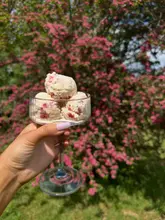 A bright, high-quality close-up shot of a glass filled with scoops of ice cream, held up against a vibrant, out-of-focus background of a flowering pink tree. The natural lighting highlights the texture of the ice cream, creating an inviting and seasonal aesthetic.