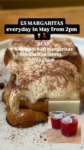 🍹💃 £5 MARGS LETS GOOOO @bemorebear x @cazcabeltequila  everyday in May from 2pm!

Drinks were epic, food was solid. I recommend the tiramisu French toast soldiers in particular 🤤 
——
🍹 Margaritas: 8/10
🌽 Food: 6/10
💰 Price: 7.5-13 for food, £5 margs 
📍 36A Carlton Street, Nottingham
#prinvite

#nottinghamfoodblogger #foodblogger #foodie #margaritas