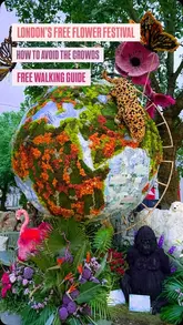A guided tour of the Chelsea in Bloom floral festival in London, showcasing various elaborate floral installations across the neighborhood, including a zodiac constellation, mythical creatures, and space-themed displays.