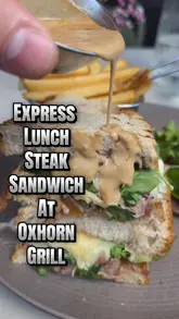 A review of a steak sandwich lunch at Oxhorn Grill, featuring close-ups of the food, the menu, and the receipt.