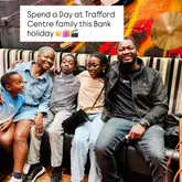 A promotional image featuring a family sitting on a bench at the Trafford Centre, used to encourage a family day out during the bank holiday.