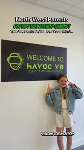 A family-focused video showcasing a visit to Havoc VR, highlighting the free-roam VR experience, interactive wall games, arcade machines, and food options.