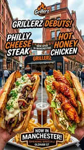 Here are a few options for your SEO alt text, depending on the focus of the image:

**Option 1 (Focus on both subs - Best for overall SEO):**
Philly cheesesteak and hot honey chicken sub sandwiches from Grillerz on Oldham Street in Manchester.

**Option 2 (Focus on the Philly Cheesesteak):**
Close-up of a juicy Philly cheesesteak sub with melted cheese at Grillerz restaurant in Manchester's Northern Quarter.

**Option 3 (Short & punchy):**
Gourmet Philly cheesesteak and hot honey chicken subs at Grillerz, a new food spot in Manchester.