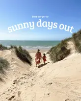 A bright, inviting lifestyle shot featuring a woman and child walking through sand dunes towards the sea, used as a cover image for a listicle about sunny day-out locations.
