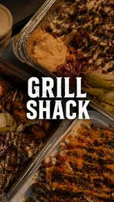A fast-paced food review reel showcasing various items from Grill Shack, including a smash burger, doner box, loaded fries, and a milkshake.