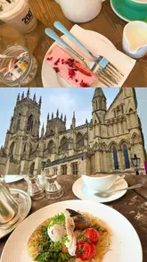A montage video documenting a day trip to York, featuring visits to a cafe, a street performer, the York Designer Outlet, and a meal at Slim Chickens.